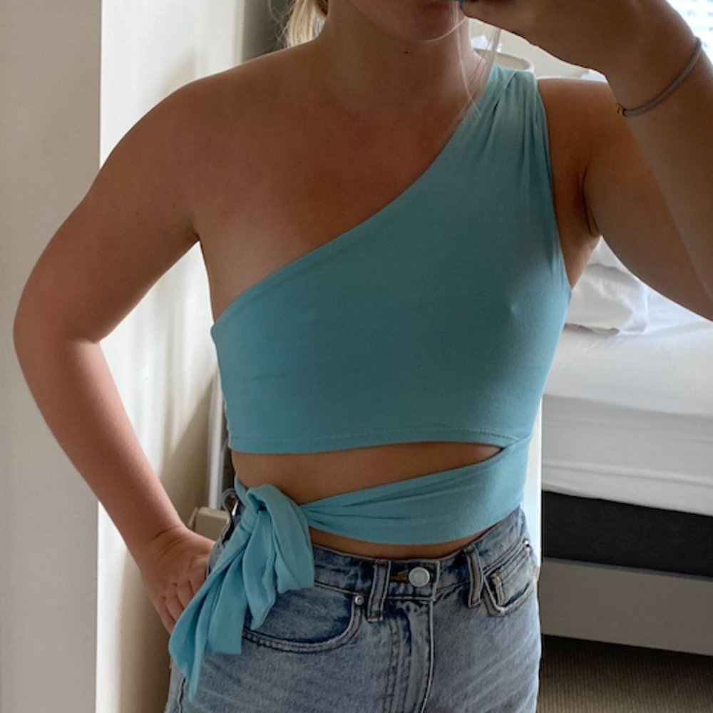 blue one shoulder tie waist top